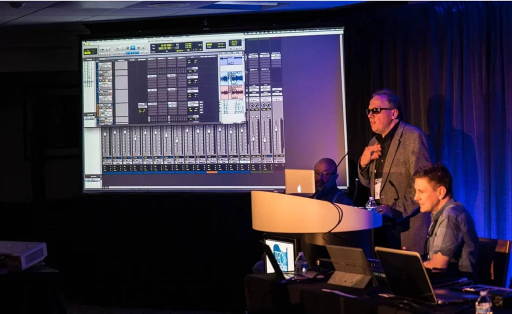 Jason Dasent presenting at an Avid panel at NAMM 2020.