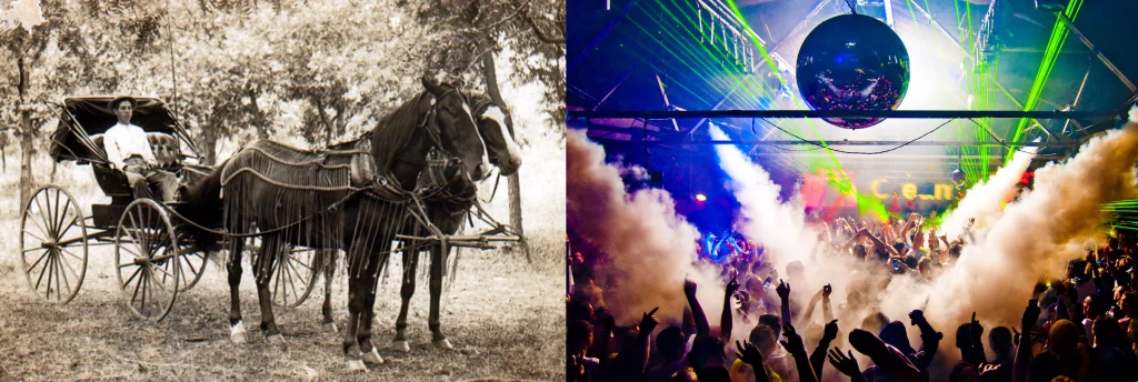 composite image of horse and buggy on the left and a concert stage on the right
