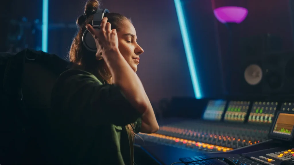 A woman wearing headphones sitting in a studio