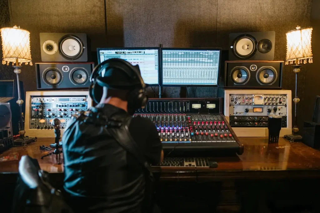 A guy sitting at a mixing console