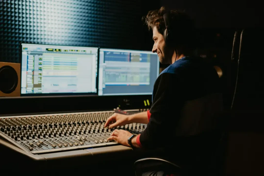 A man sitting in front of two computer monitors, using a mixing board