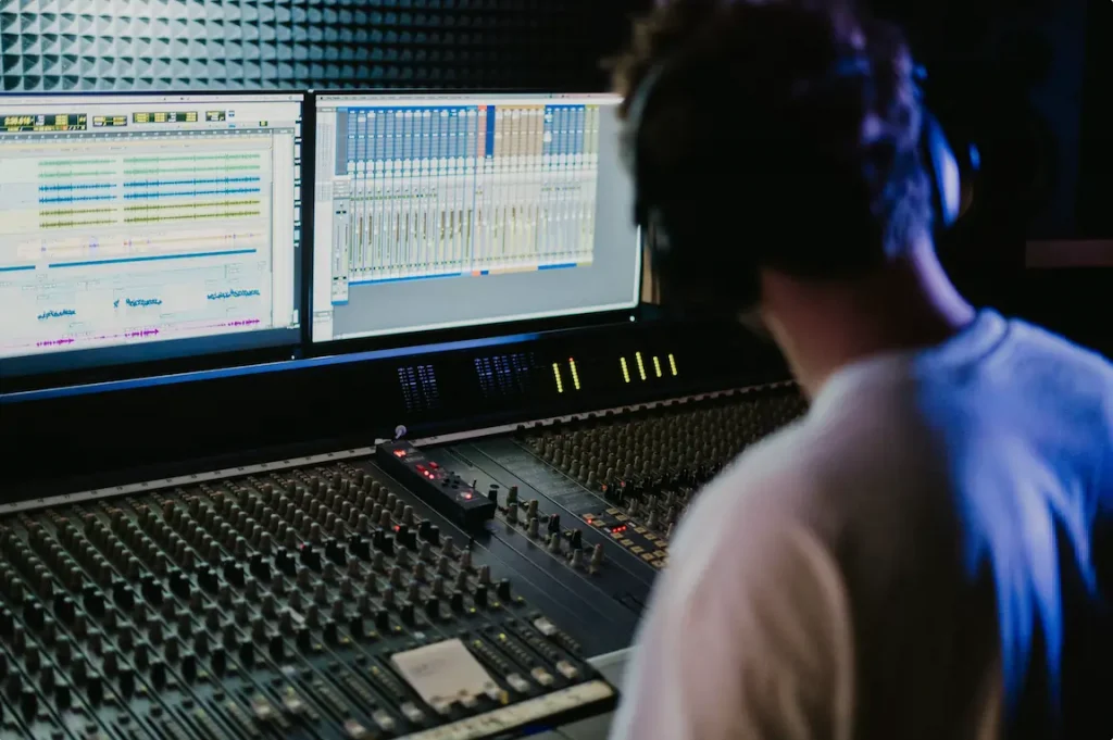 A man sitting in front of two computer monitors and a mixing board
