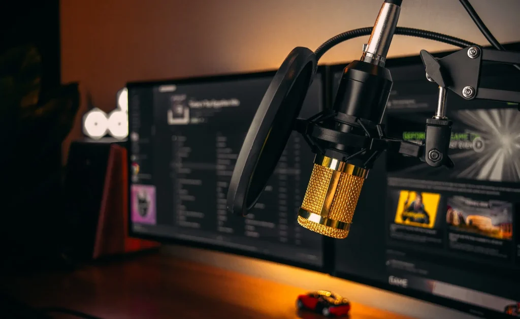 Close up of a microphone with pop filter