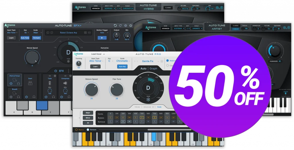 Auto-Tune interfaces stacked with a purple 50% off sticker