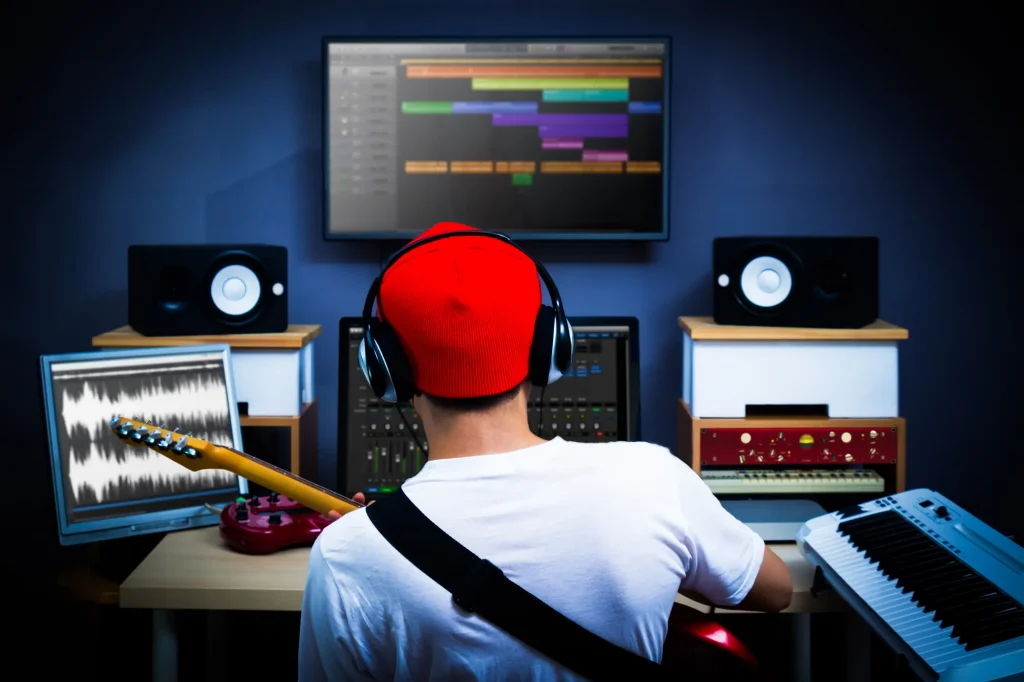 A man in a red hat wearing headphones sitting with a guitar on his lap in front of a computer