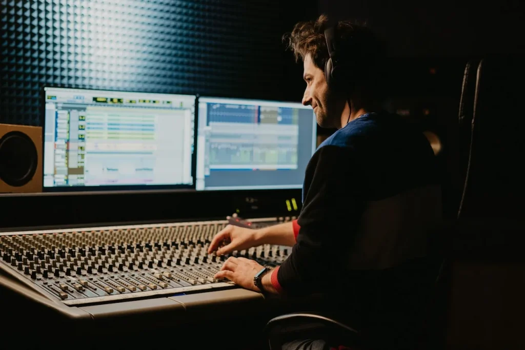 A man wearing headphones sitting in a studio adjusting levels on a mixing console