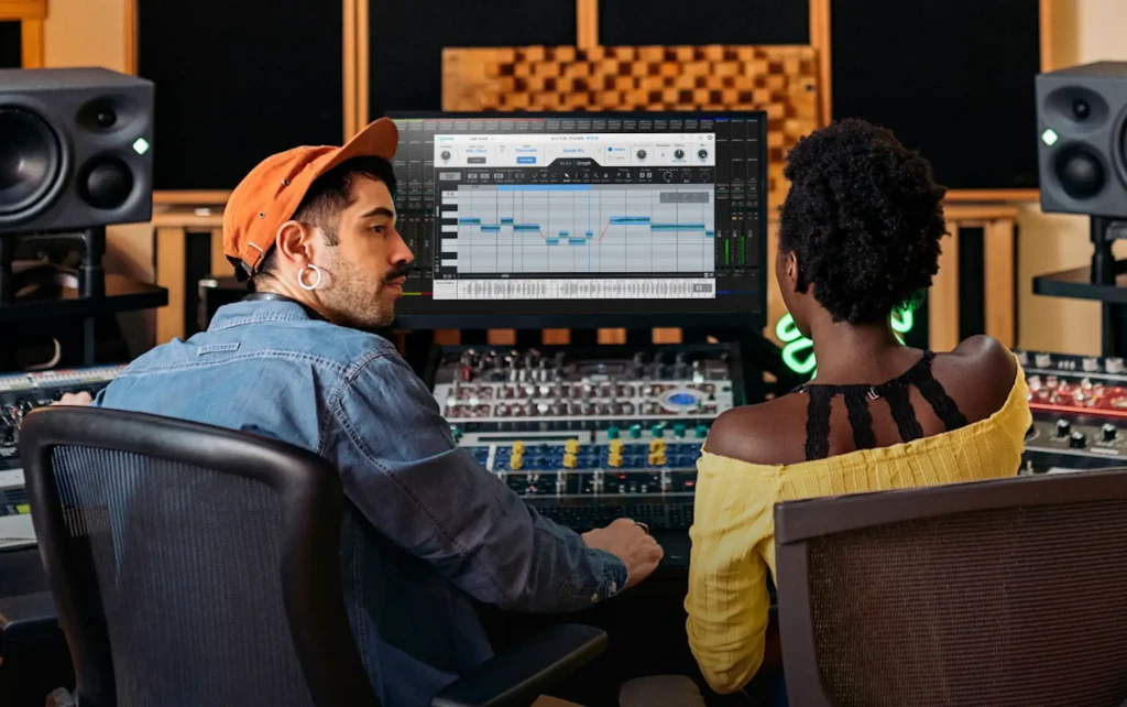 A man and a woman sitting in front of a computer in a studio