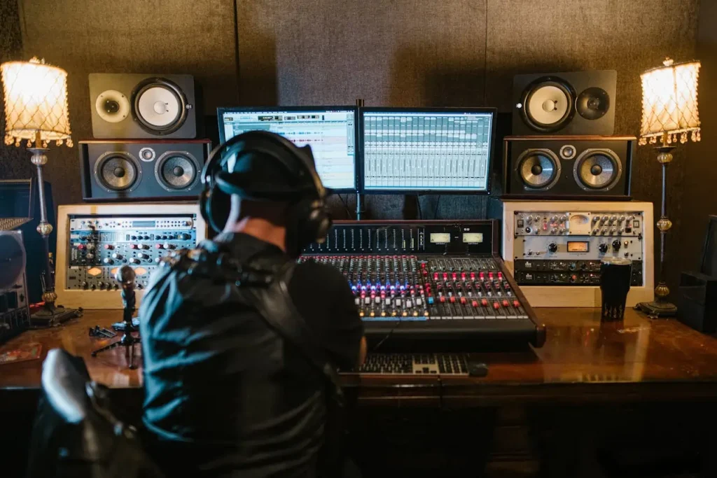 A man wearing headphone sitting in front of desk with two monitors, speakers, and a mixing console.