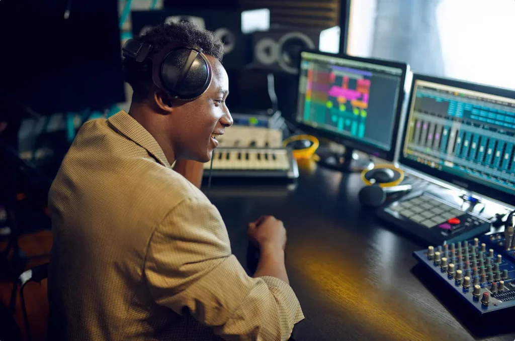 A man wearing headphones sitting at a desk in front of computer monitors