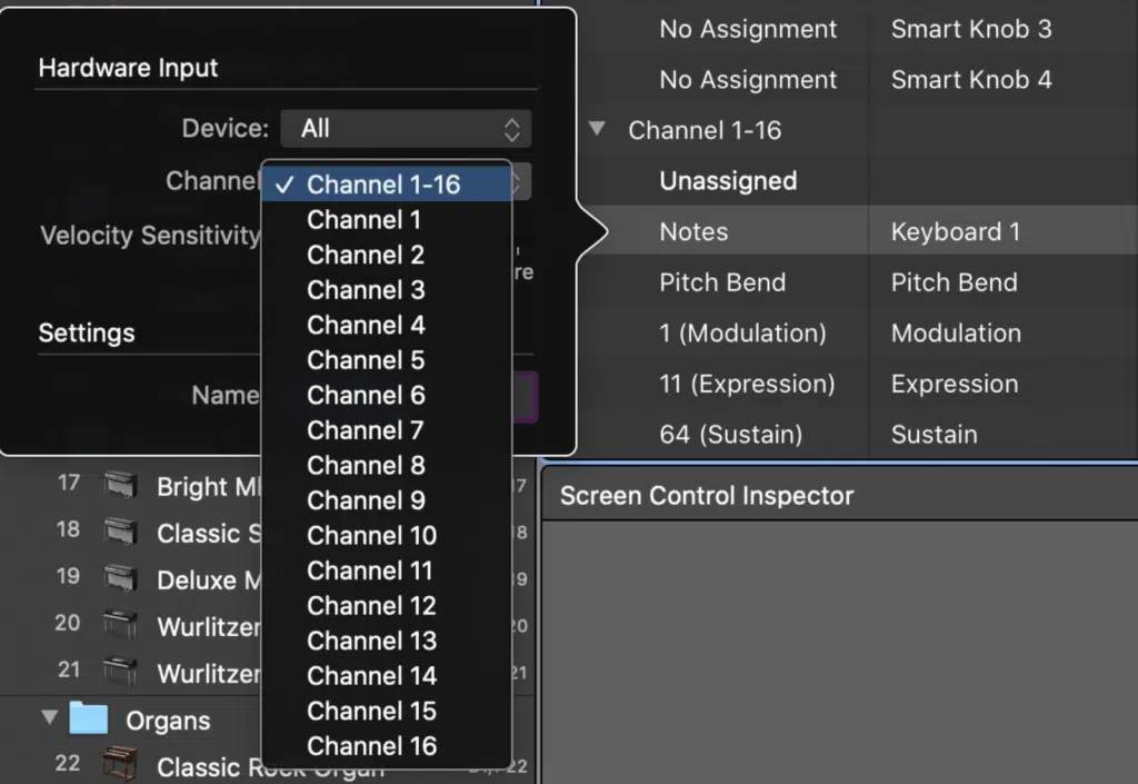 MIDI channels menu interface