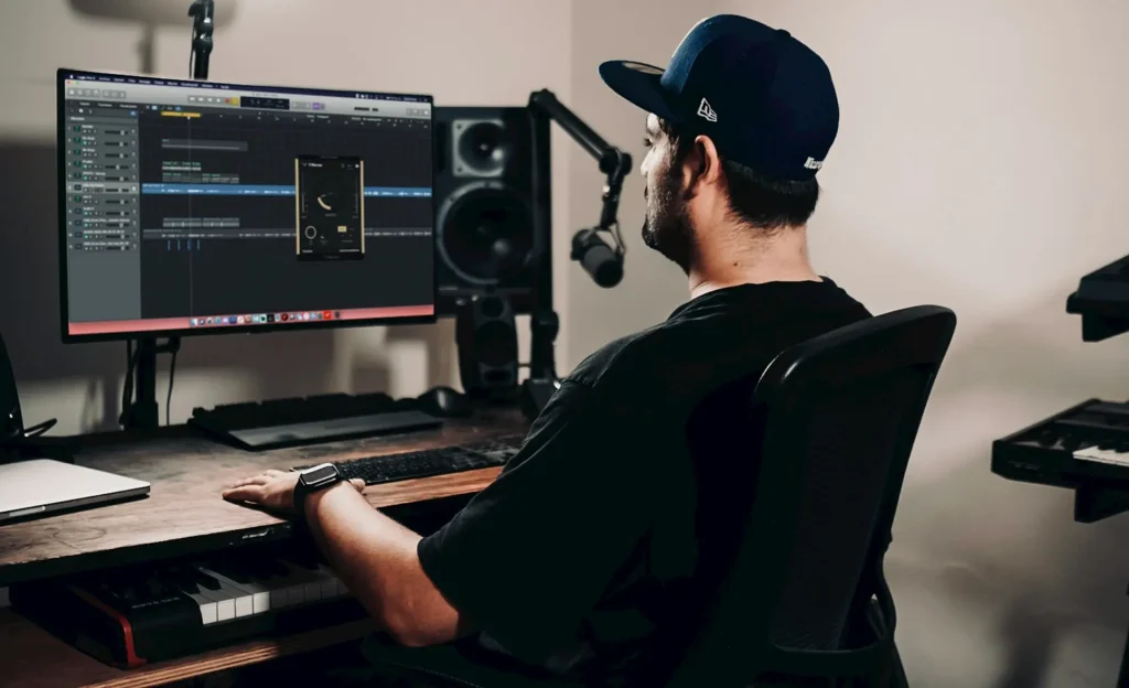 A man sitting as a desk in front of a computer