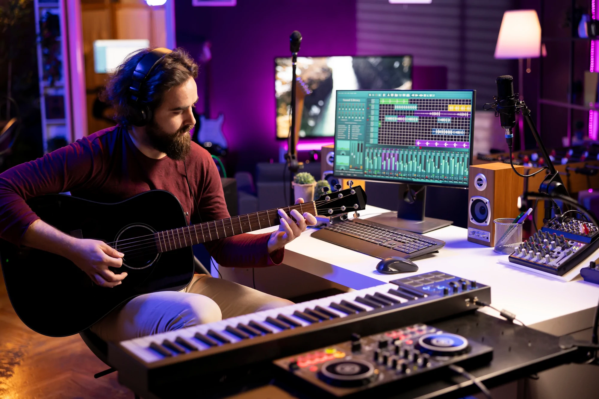 A man playing the guitar in a home studio