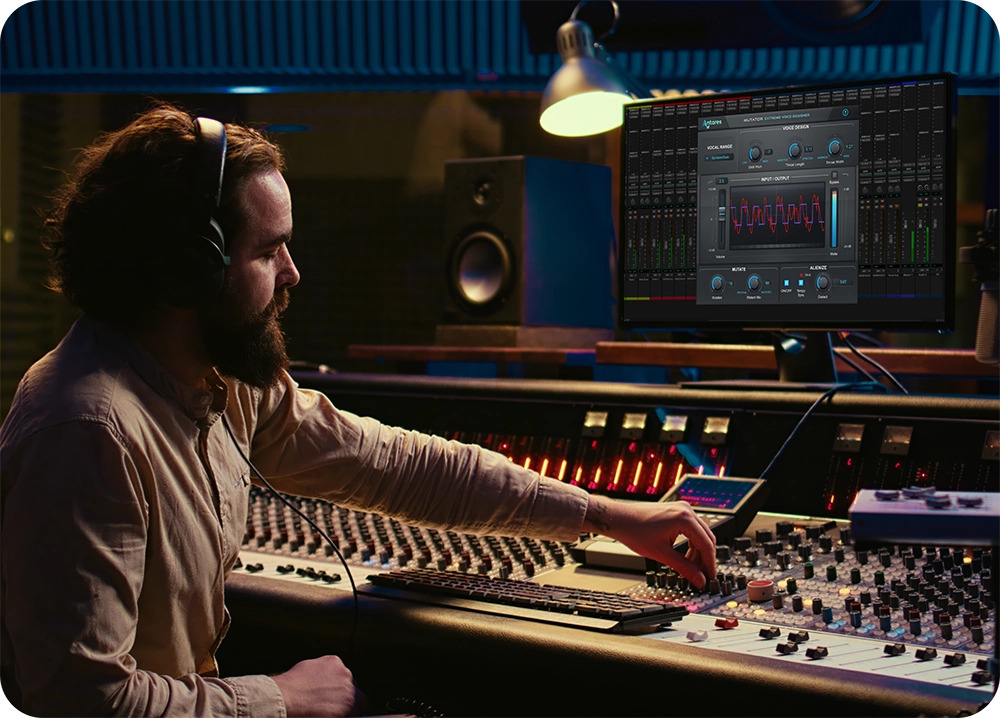 A man sitting in a recording studio adjusting levels on a mixer