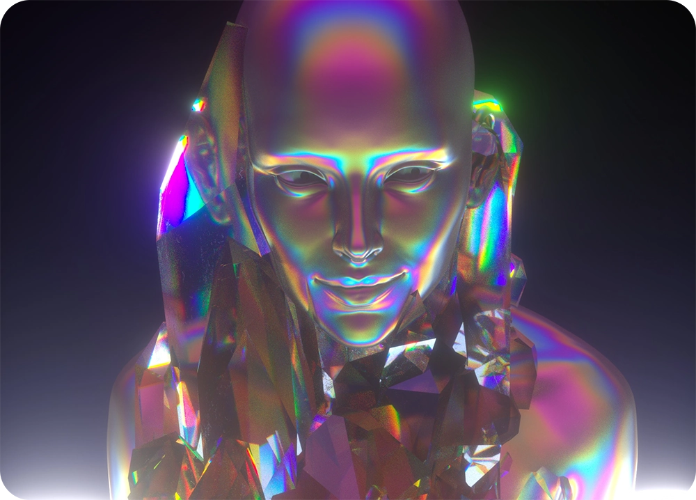 An abstract photo of a silver person with rainbow accents on them