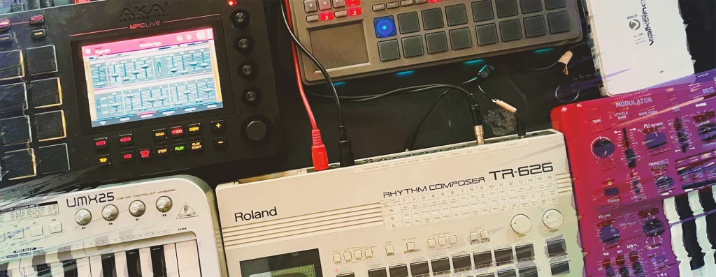 A cropped overhead view of retro audio hardware and equipment