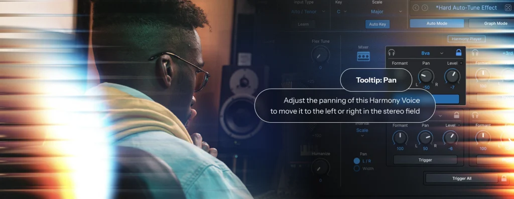 A man looking at a screen running AutoTune Pro's Harmony Player