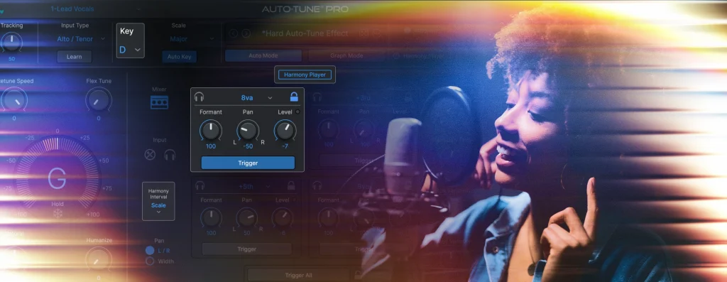 A woman singing into a studio microphone with the Harmony Player knob controls overlayed on top of the image on the left