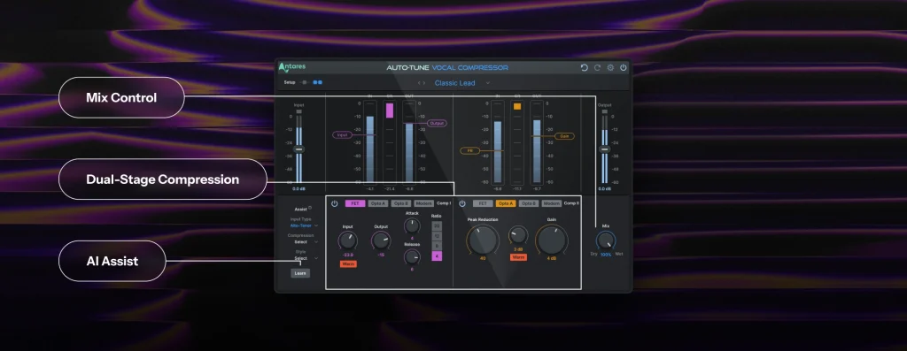 Infograph of Vocal Compressor highlighting the Mix Control, Dual-Stage Compression, and AI Assist features