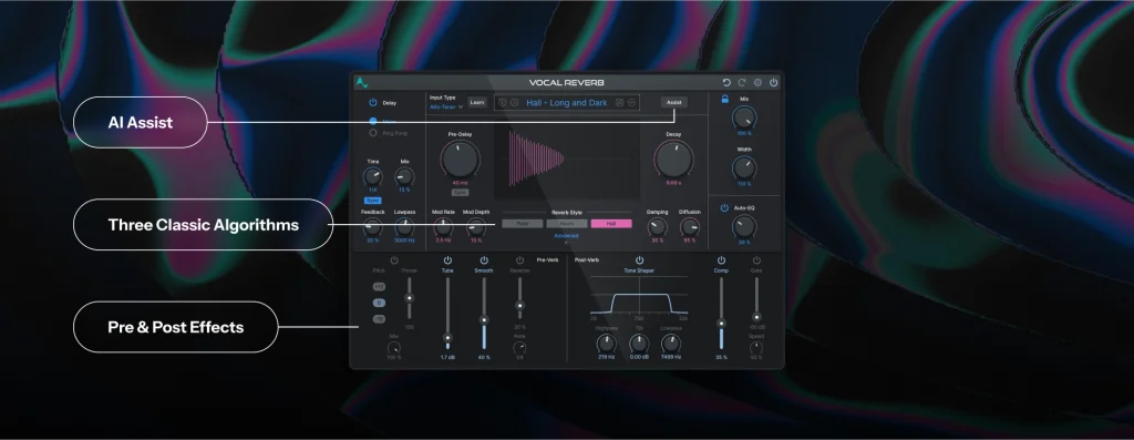 Infograph of Vocal Reverb highlighting AI Assist, Three Classic Algorithms, and the Pre & Post Effects panel