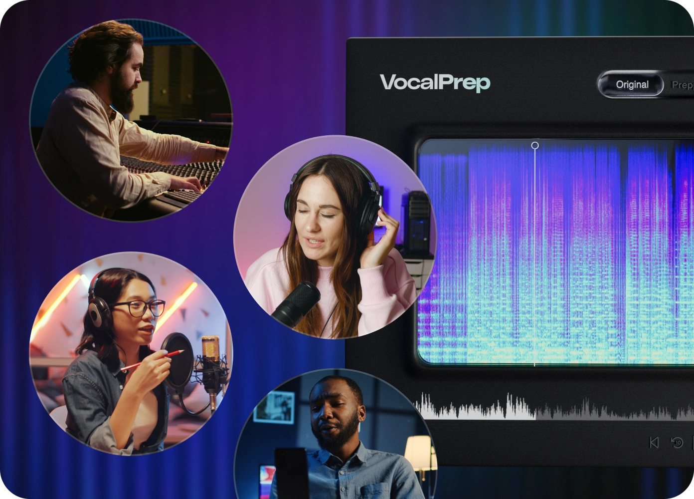 Vocal Prep app interface on the right with four bubbles of users recording cascading down the left side
