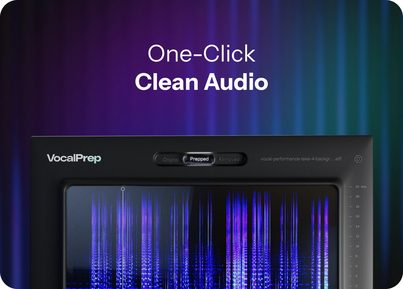 Vocal Prep app interface with the words One-Click Clean Audio above it
