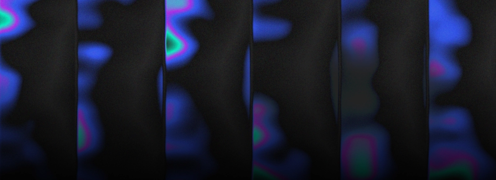 Black background with blue, pink, and teal blobs