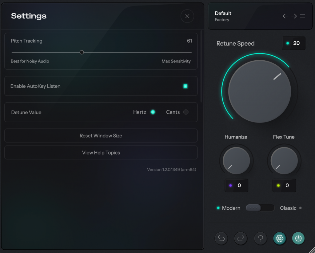 Settings option panel in AutoTune 2026 plugin interface
